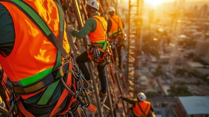 Construction workers climbing a metal structure at sunset over the city