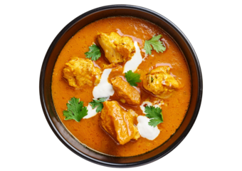 Indian butter chicken curry in balti dish isolated on transparent or white background
