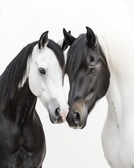 Obraz premium A striking black and white duo of horses, nuzzling intimately against a white background, showcasing elegance and bond.