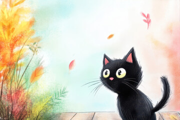 A Curious Black Cat Gazes at Falling Leaves During a Serene Autumn Afternoon