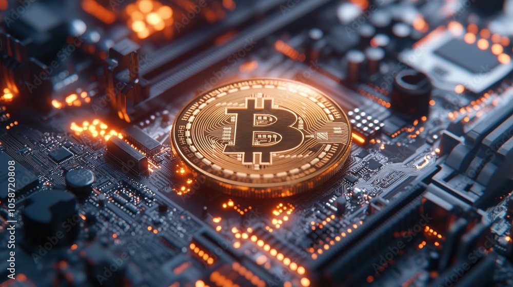 Aufkleber bitcoin symbol on circuit board with orange lights. close-up of a bitcoin coin on a circuit board wi