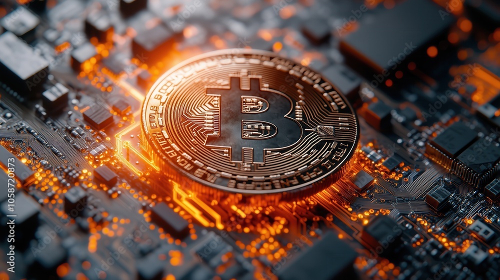 Aufkleber bitcoin coin on circuit board for digital currency. bitcoin coin resting on an illuminated circuit b