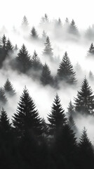 Misty Forest Pine Trees Illustration - Black and White