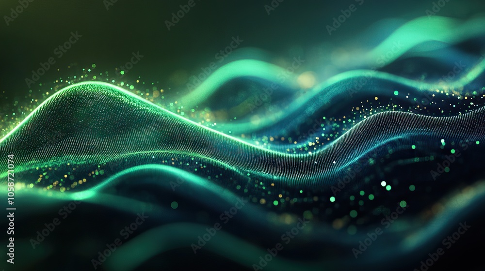 Poster abstract 3d green wave patterns on dark background, representing digital technology concepts, perfec
