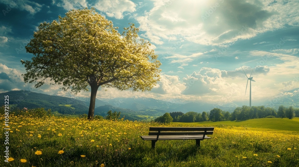 Poster a bench is in a field with a tree in the background