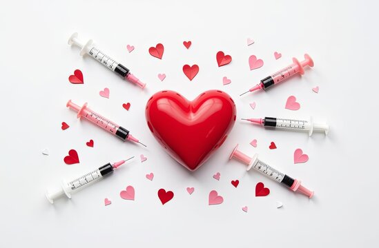 red heart in the centre, injection medical syringes around, on white background. Promotion on beauty injections, heart health, Valentine's Day