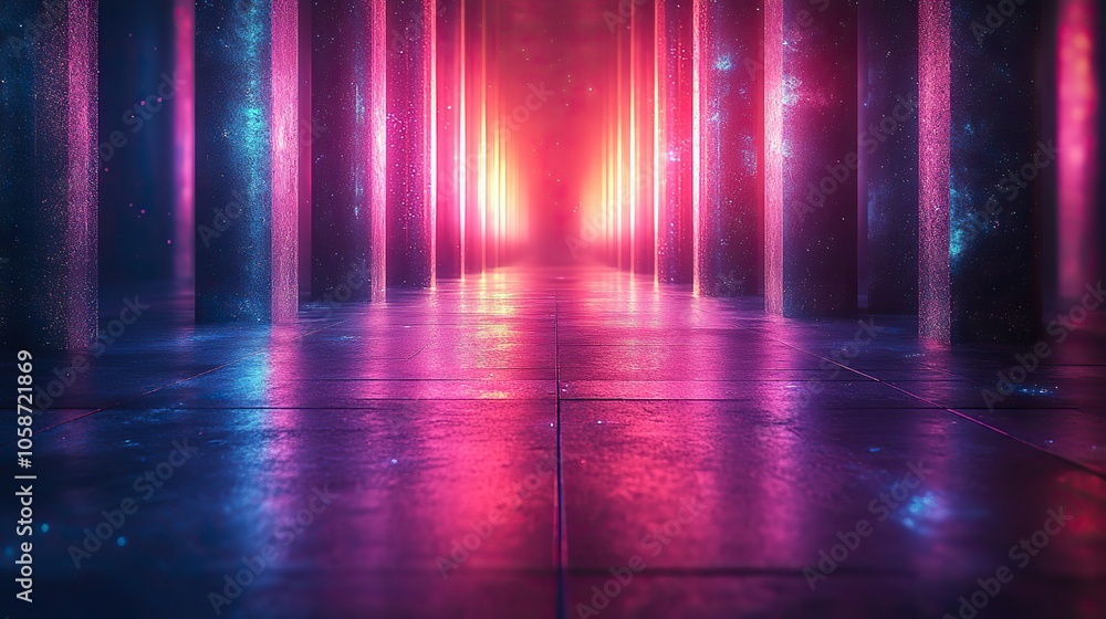 Poster abstract background showing purple and blue neon lines on dark floor, with reflections in the foregr