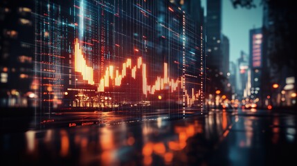 Fototapeta premium Urban Financial Market Data in City Landscape. Digital financial market graph overlaid on a cityscape, illustrating modern trading, investment, and urban economic trends
