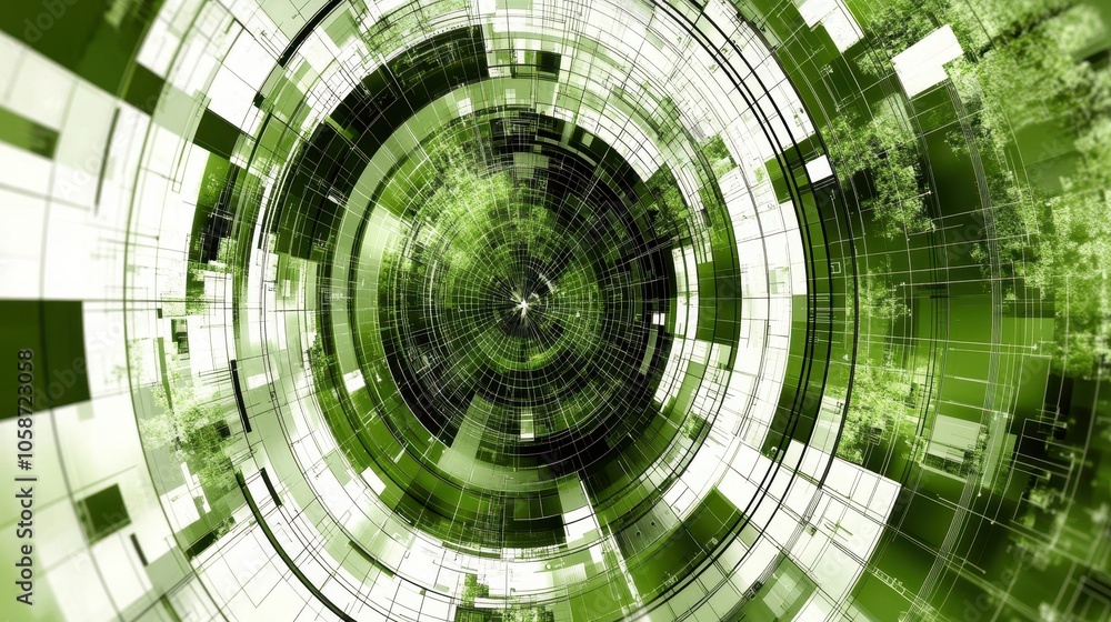 Poster bright green background with thin, intersecting line patterns and circular shapes, giving a tech-ins