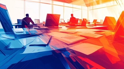 Modern Government Office with Policymakers Crafting Economic Policy Illustration