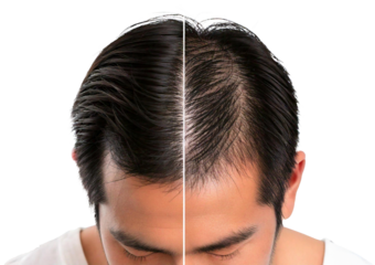 Man showing hair loss and restored hair side by side isolated on transparent or white background