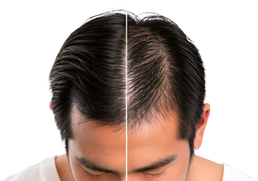 Man showing hair loss and restored hair side by side isolated on transparent or white background