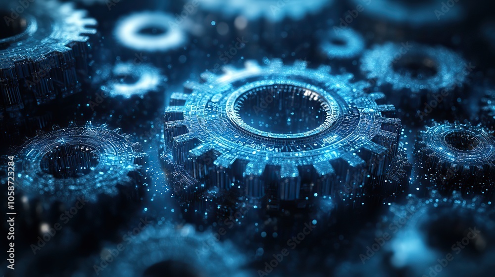 Aufkleber abstract blue digital technology background featuring gears and cogs, with dark color palette for mo