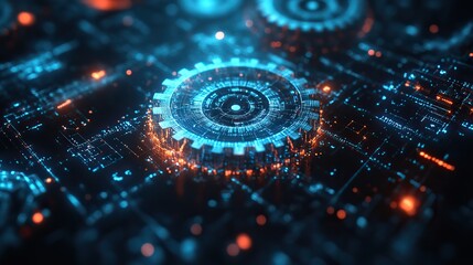 Fototapeta premium Abstract blue digital technology background featuring gears and cogs, with dark color palette for modern tech design