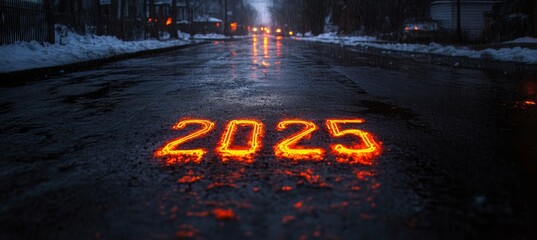Neon Glowing Number 2025 On Dark Wet Asphalt Road With Winter City Lights In Background