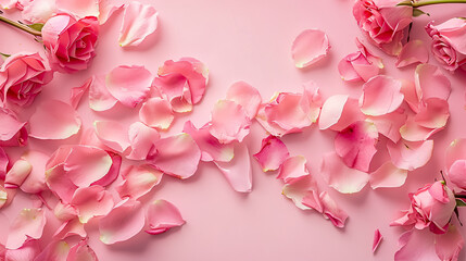 Fototapeta premium Pink rose petals arranged on a pastel pink background.
