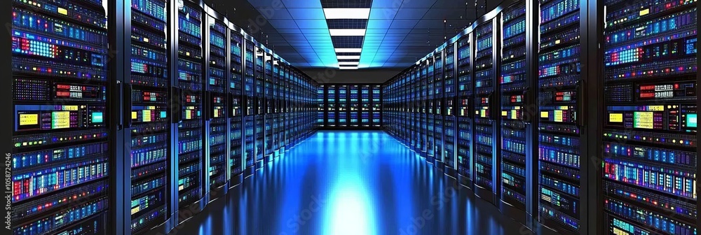 Poster empty server room, rows of working data center servers, big data, cloud computing technology
