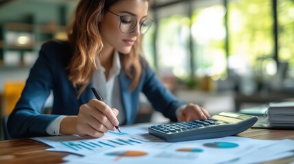 Fototapeta premium Businesswoman in glasses analyzing financial charts and using a calculator, representing finance, analysis, and strategic planning in business.