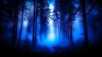 Fototapeta premium Serene Tranquility - Mystical Landscape of Foggy Forest with Tall Trees and Soft Light Filtering Through Mist