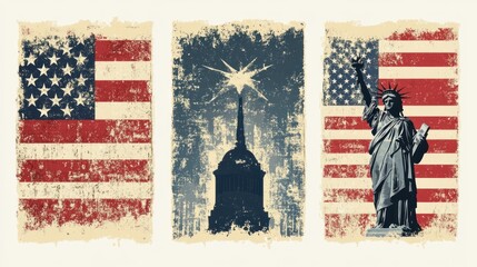 Three vintage grunge style illustrations of the American flag, Statue of Liberty, and the Empire State Building.