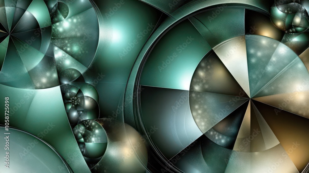 Poster geometric abstract background in shades of green, combining circular and triangular shapes with a sl