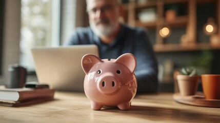 Piggy Bank with Senior Man Working on Laptop. Piggy bank in focus with a senior man working on a laptop in the background, representing financial security and saving strategies.