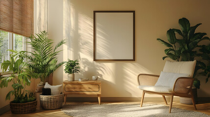 Illustration of Sunlit Room with Indoor Plants and a Blank Frame