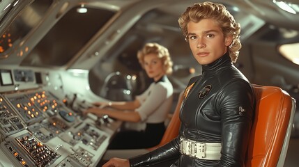 A young space pilot in a retro-futuristic control room, capturing vintage sci-fi aesthetics with advanced technology themes.