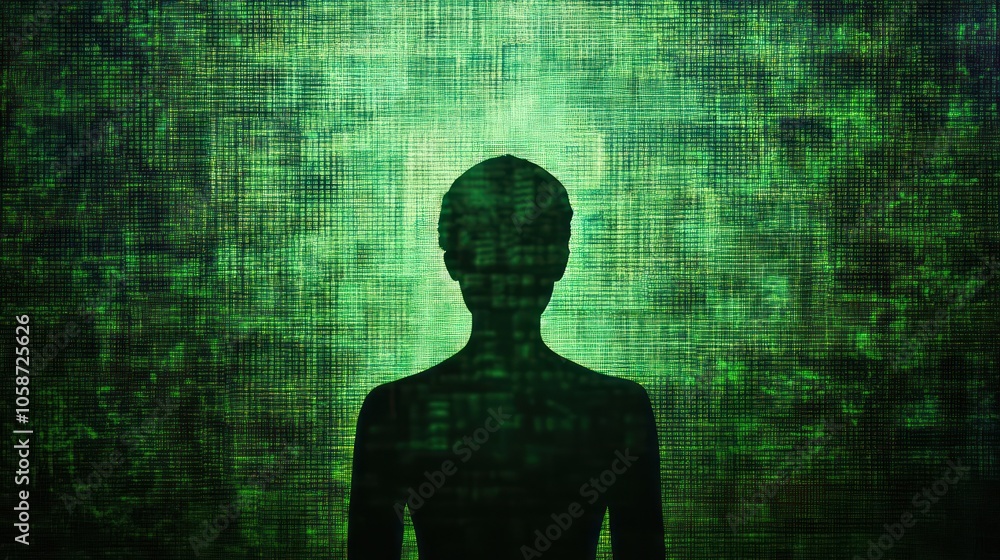 Canvas Prints a shadowy figure stands against a green, digital background, symbolizing the connection between tech