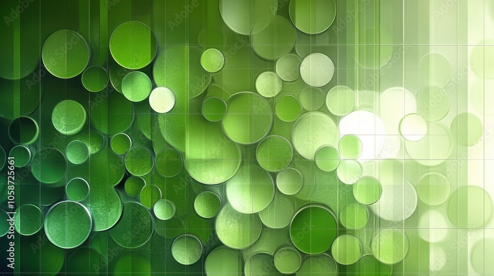 Poster geometric abstract background in shades of green, combining circular and triangular shapes with a sl
