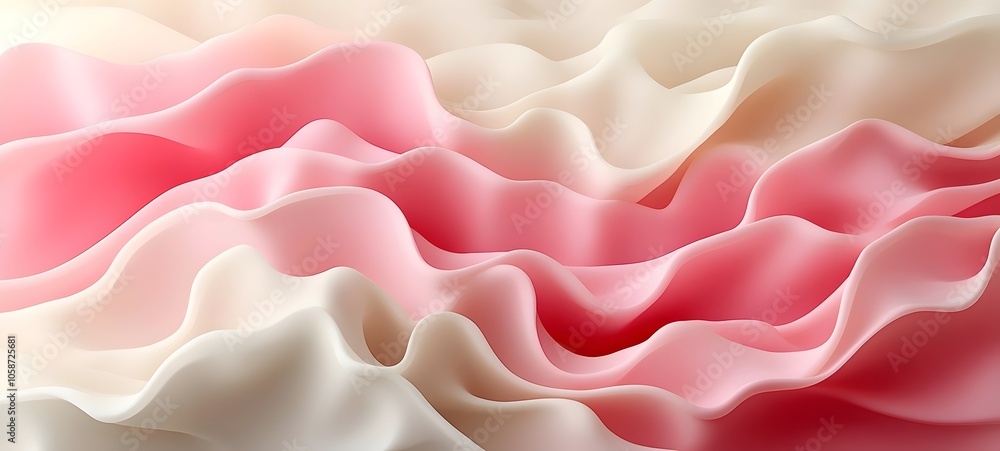 Poster a beautiful abstract composition featuring soft waves of fabric in shades of pink and cream, creatin