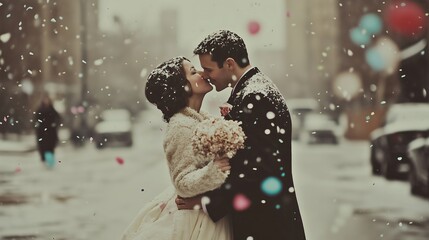 A bride and groom share a romantic kiss amidst falling snow and colorful confetti during their winter wedding celebration.