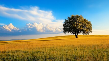 Fototapeta premium A solitary tree stands in a vast golden field under a bright blue sky with fluffy clouds.