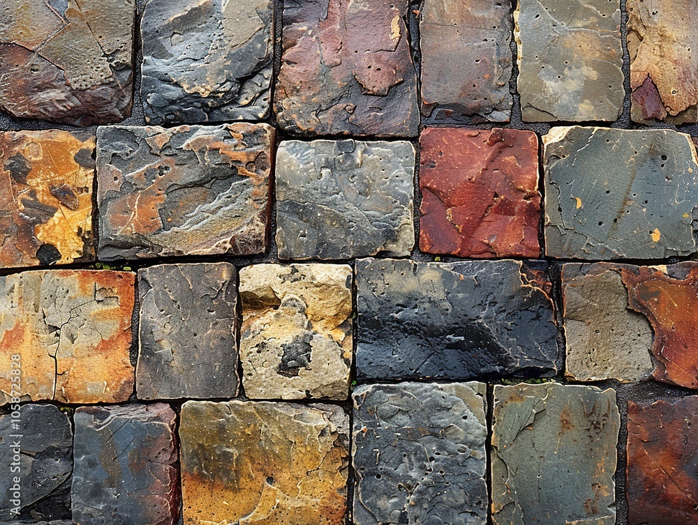 Poster a textured surface of multicolored slate tiles arranged in a grid pattern.