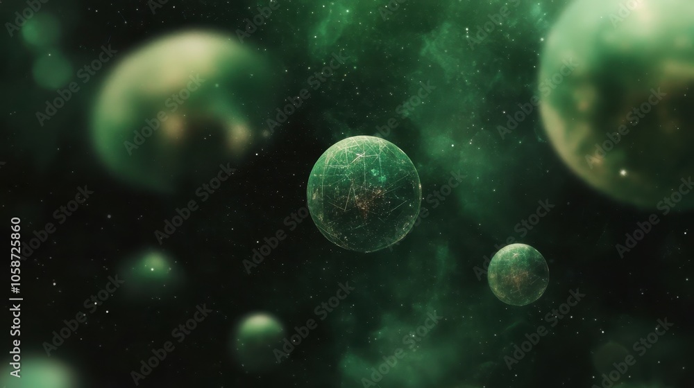 Poster gradient green background blending from emerald to lime, featuring scattered transparent circles and
