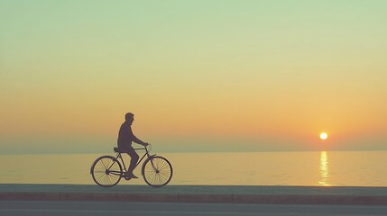 Fototapeta premium A silhouette of a cyclist pedals along a seaside path at sunset, creating a peaceful and tranquil scene.