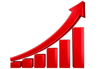 Red upward arrow graph showing rising trend isolated on transparent or white background