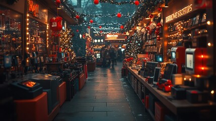 Fototapeta premium A tech store gift card, surrounded by modern gadgets and holiday-themed lights.