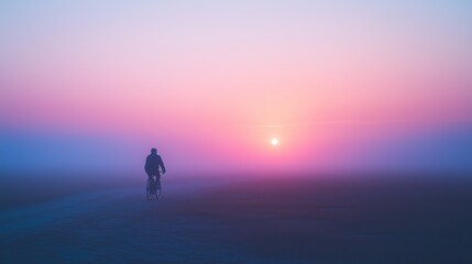 Fototapeta premium Silhouette of a cyclist riding into the sunrise on a misty road, creating a serene and atmospheric scene.