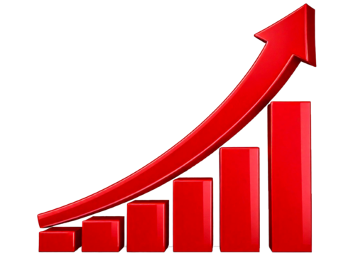 Red upward arrow graph showing rising trend isolated on transparent or white background