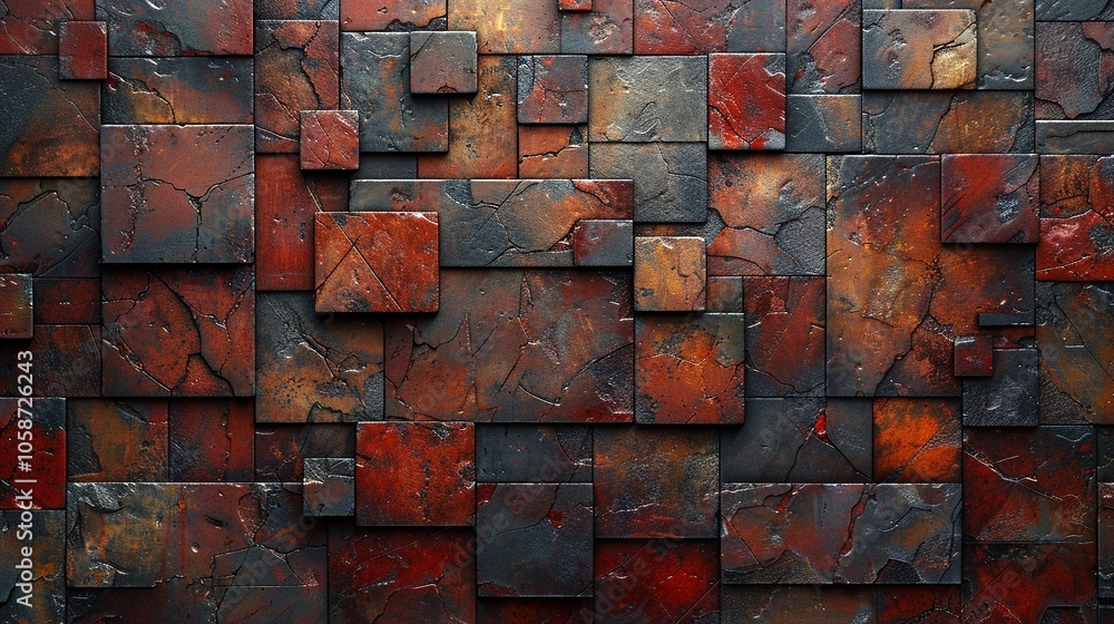 Poster a textured wall composed of various rectangular stone tiles in deep red and gray tones.