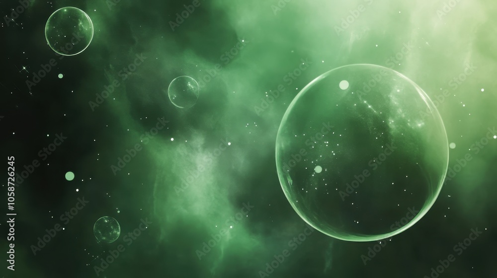 Poster gradient green background blending from emerald to lime, featuring scattered transparent circles and