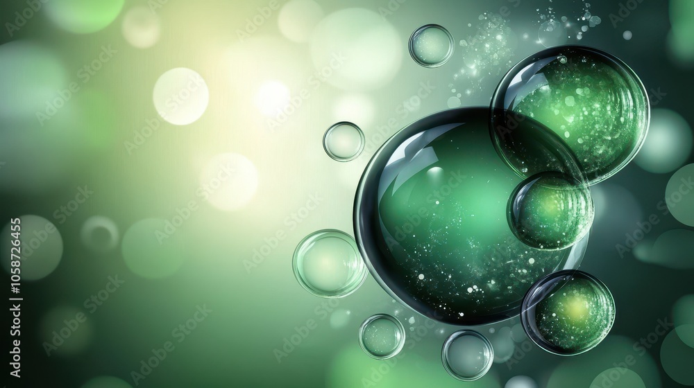 Poster gradient green background blending from emerald to lime, featuring scattered transparent circles and