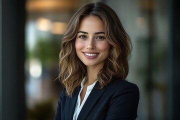 Naklejka premium Confident Businesswoman with Wavy Hair Smiling in Suit