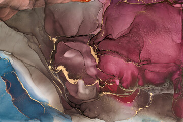 Snaking rivers of metallic gold weave through  vibrant interplay of soft and bold tones. Movement and balance in nature, crafted in the fluid ink technique to create seamless transitions  rich texture