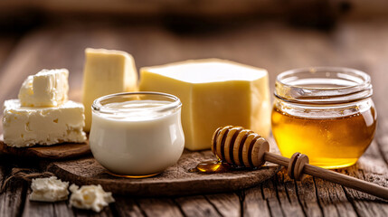 Honey, Milk, and Cheese on Rustic Wooden Background