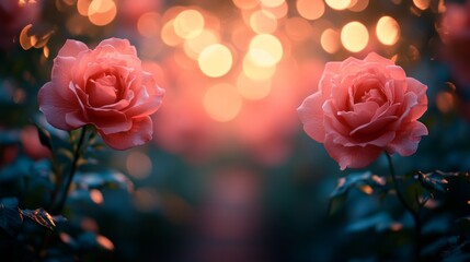 Two pink roses are in a garden