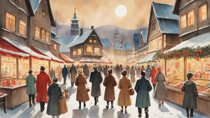 Vintage Watercolor Christmas Market in Retro Town with Festive Stalls, Lights, and Passersby – Holiday Nostalgia in Artistic Style