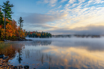 Fototapeta premium Autumn morning mist over tranquil lake in serene landscape