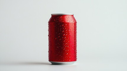 A single red aluminum can with condensation droplets against a white background.